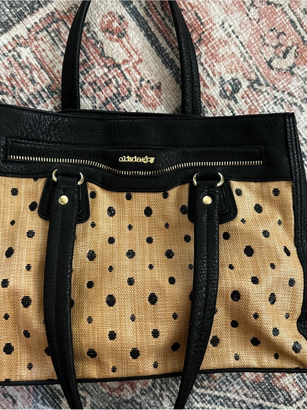 Olivia + Joy Tan Straw Tote with Black Polka Dots and Black Trim - Picture 8 of 9